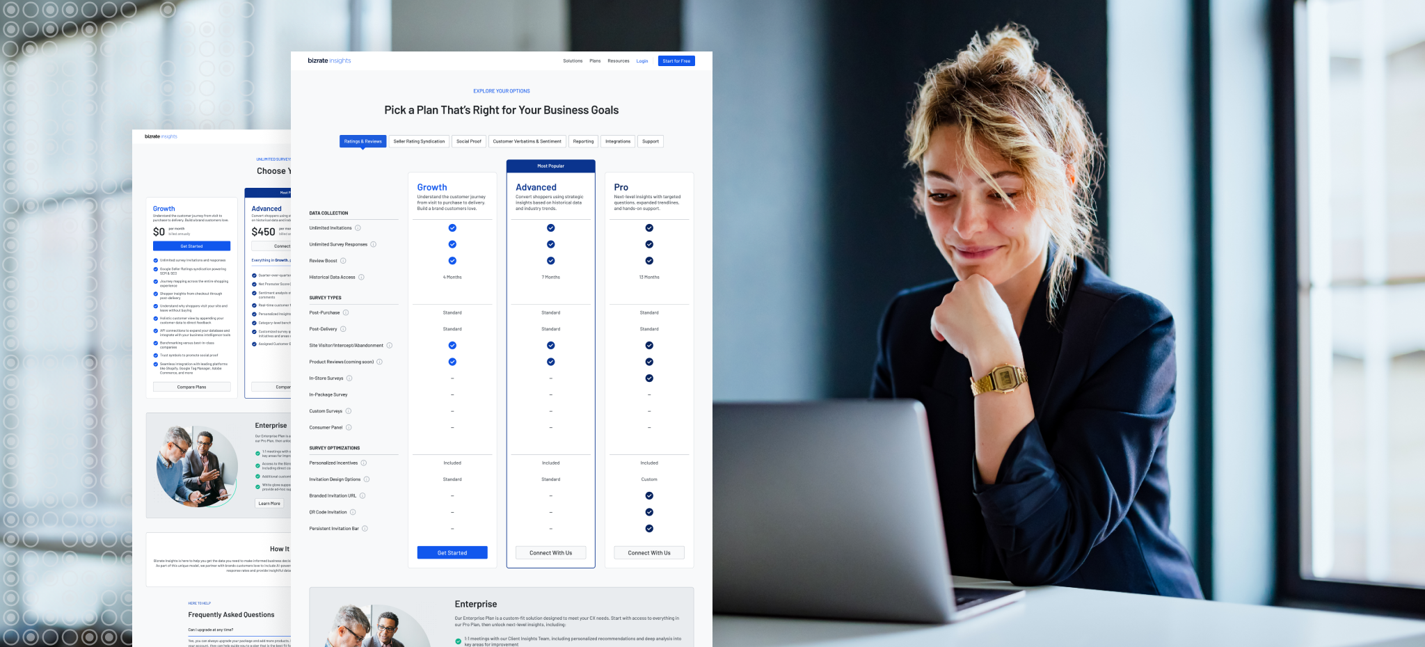 Woman on her computer next to layout of new Bizrate Insights pricing structure.