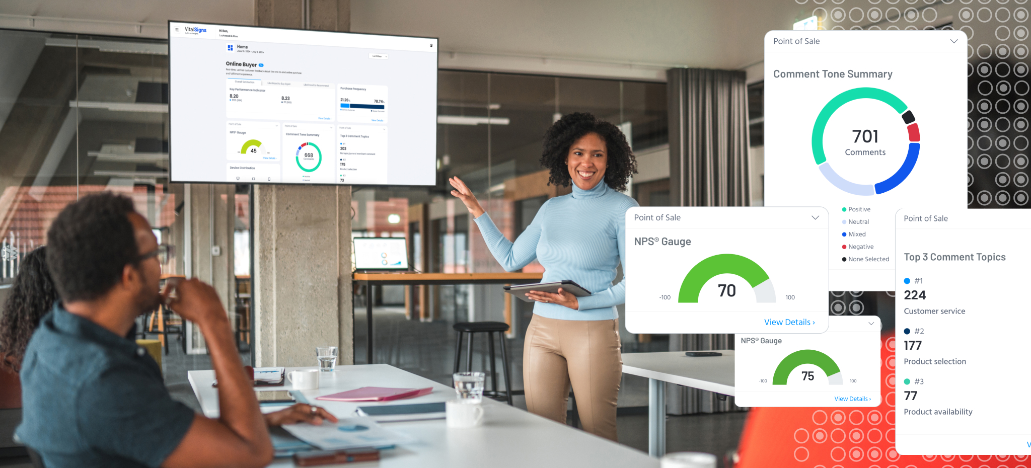 Woman presenting VitalSigns dashboard metrics
