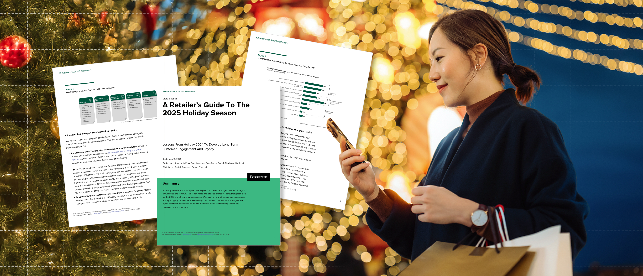 Woman shopping on phone backed by holiday lights with Forrester report in foreground.