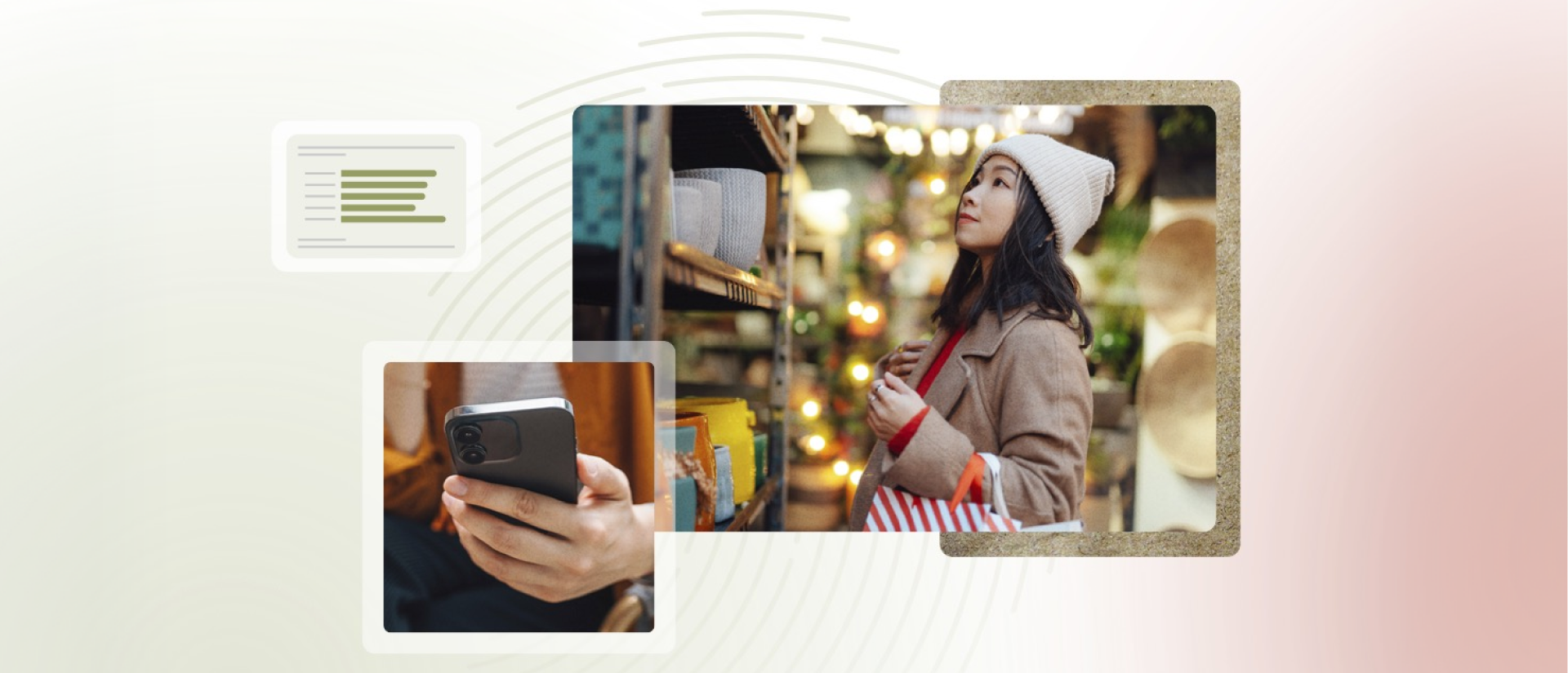 Holiday shopper browsing products in a retail store alongside a close-up of a person using a smartphone, representing mobile research and seasonal shopping behavior.